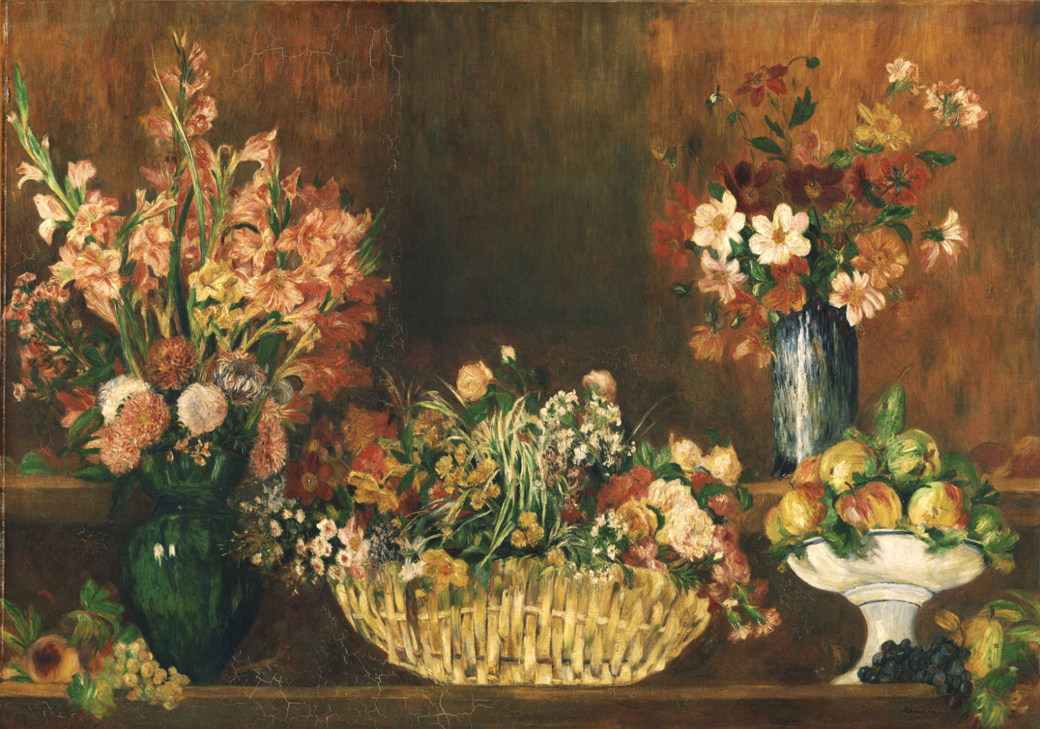 Vase basket of flowers and fruit 1890